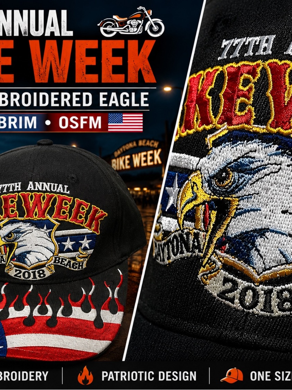 Black Embroidered Eagle Bike Week Cap - Patriotic Design